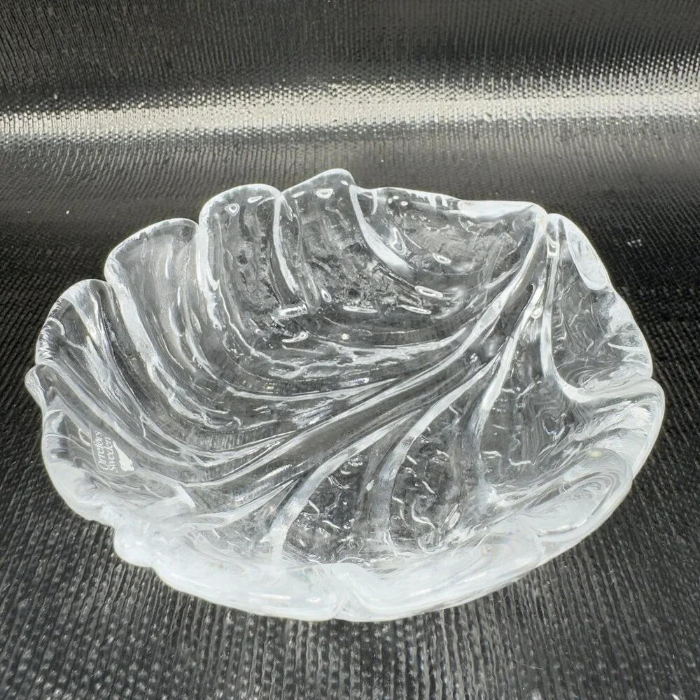 Orrefors Sweden EDEN Clear Glass Crystal‎ Dish Bowl Leaf Shaped W Sticker VTG